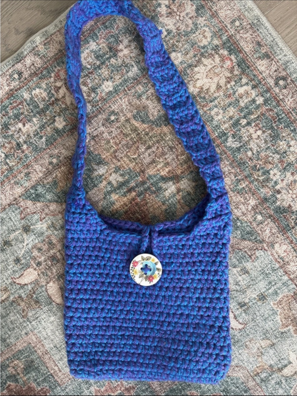 Handmade Blue Crochet Shoulder Bag with Floral Button Accent